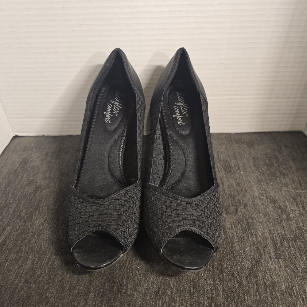 Dexflex Comfort Heels Womens 10 Slip On Peep Toe Pumps Black Textured Fabric